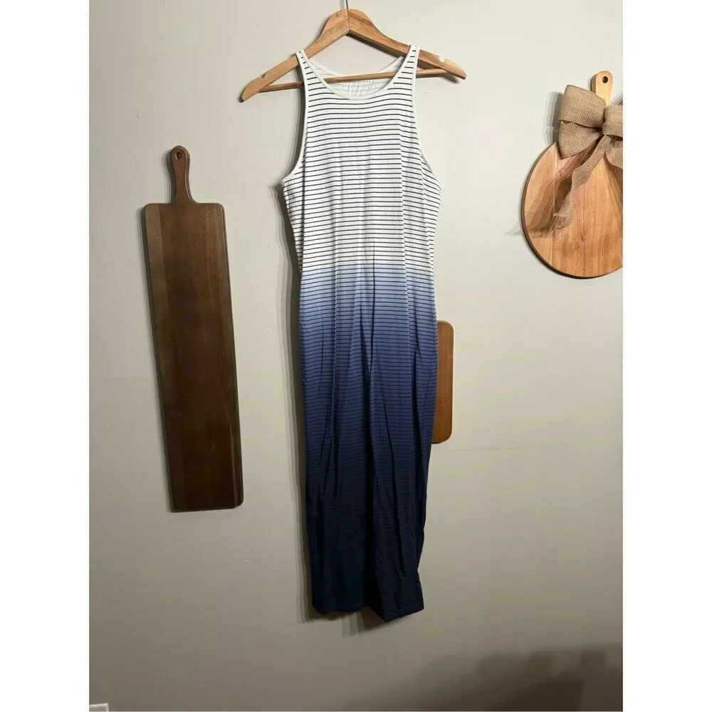 Athleta Blue White Ombre Striped Pima Cotton Sleeveless Maxi Dress Size Small - Picture 2 of 6
